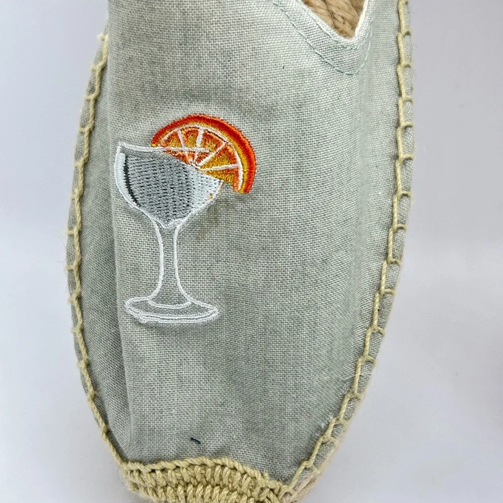 Soludos Gray Espadrilles with Embroidered Cocktail Design Size 8.5